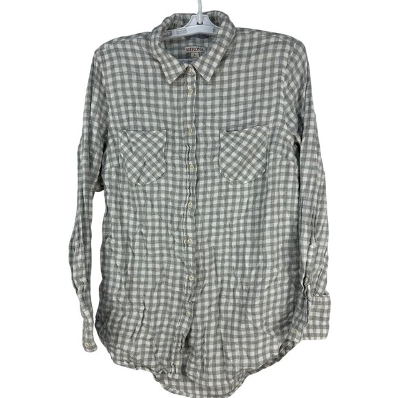Merona Womens Gray Gingham Button Down Long Sleeve Shirt Large - Picture 1 of 4